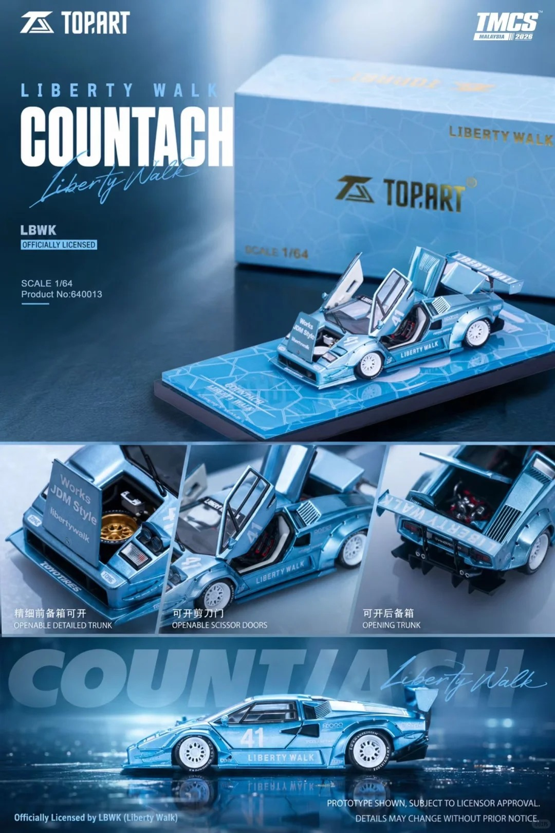 TOPART 1/64 Lamborghini Countach LBWK Ice‑Blue #41 TMCS Malaysia 2026 Event Exclusive Diecast Model Car