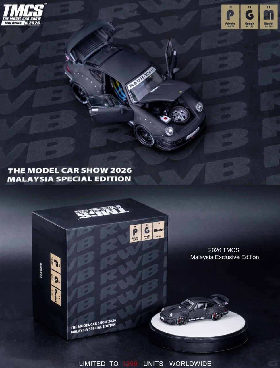 PGM 1/64 Porsche RWB 964 Matte Black TMCS Malaysia Exclusive Limited Edition Diecast Model Car