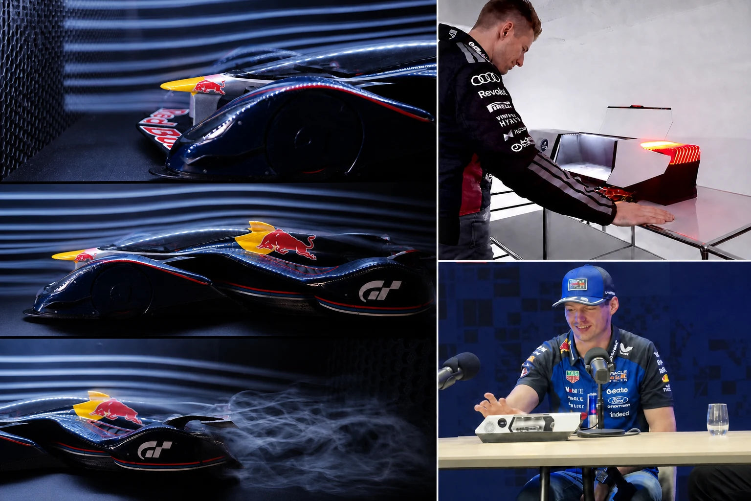 Three airflow views of a racing model alongside drivers exploring Windsible