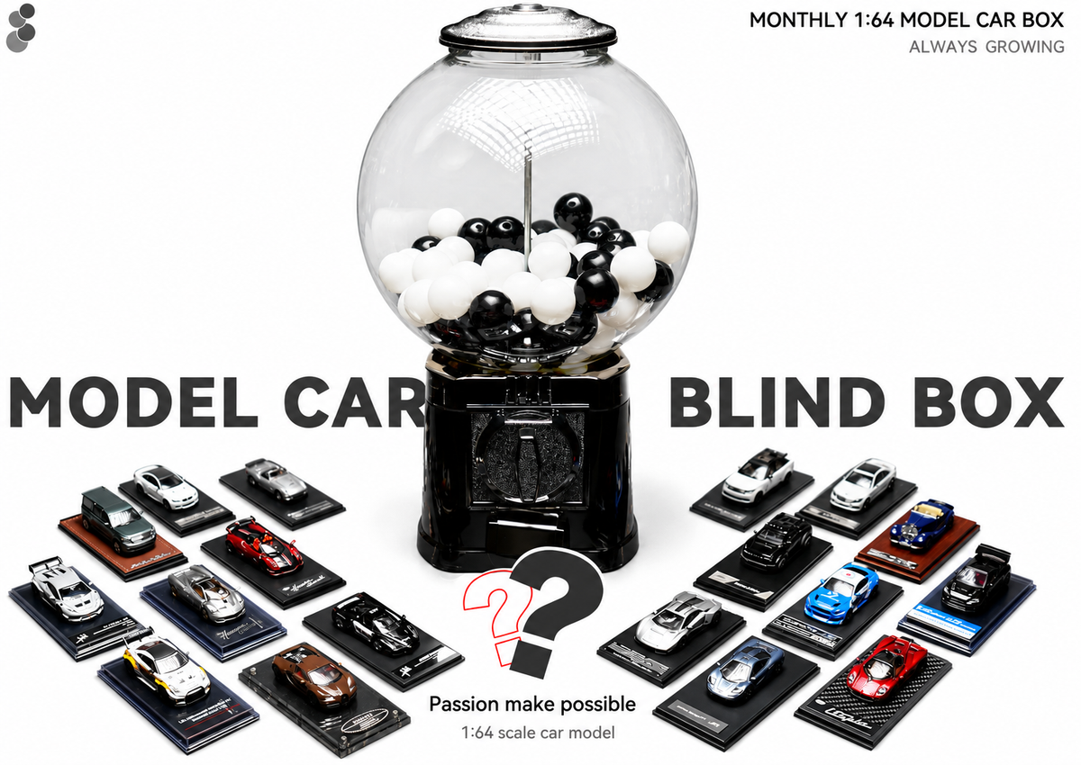 Monthly 1:64 model car box with collectible diecast cars on a white background